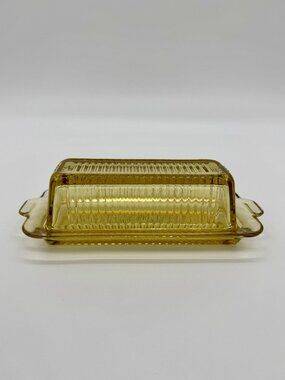 Vintage Amber Depression Glass Ribbed Butter Dish 2-Piece Set
